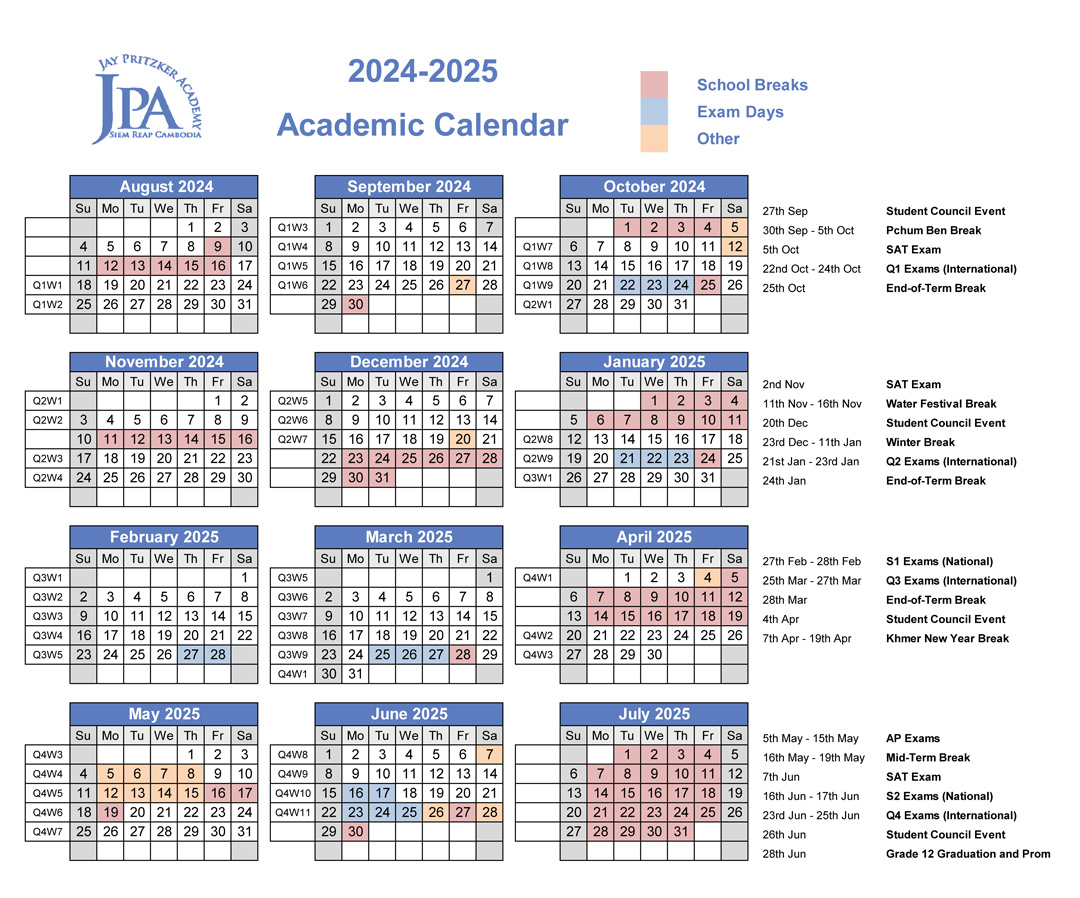 JPA Calendar 2024-25 School Year. Jay Pritzker Academy, Siem Reap, Cambodia